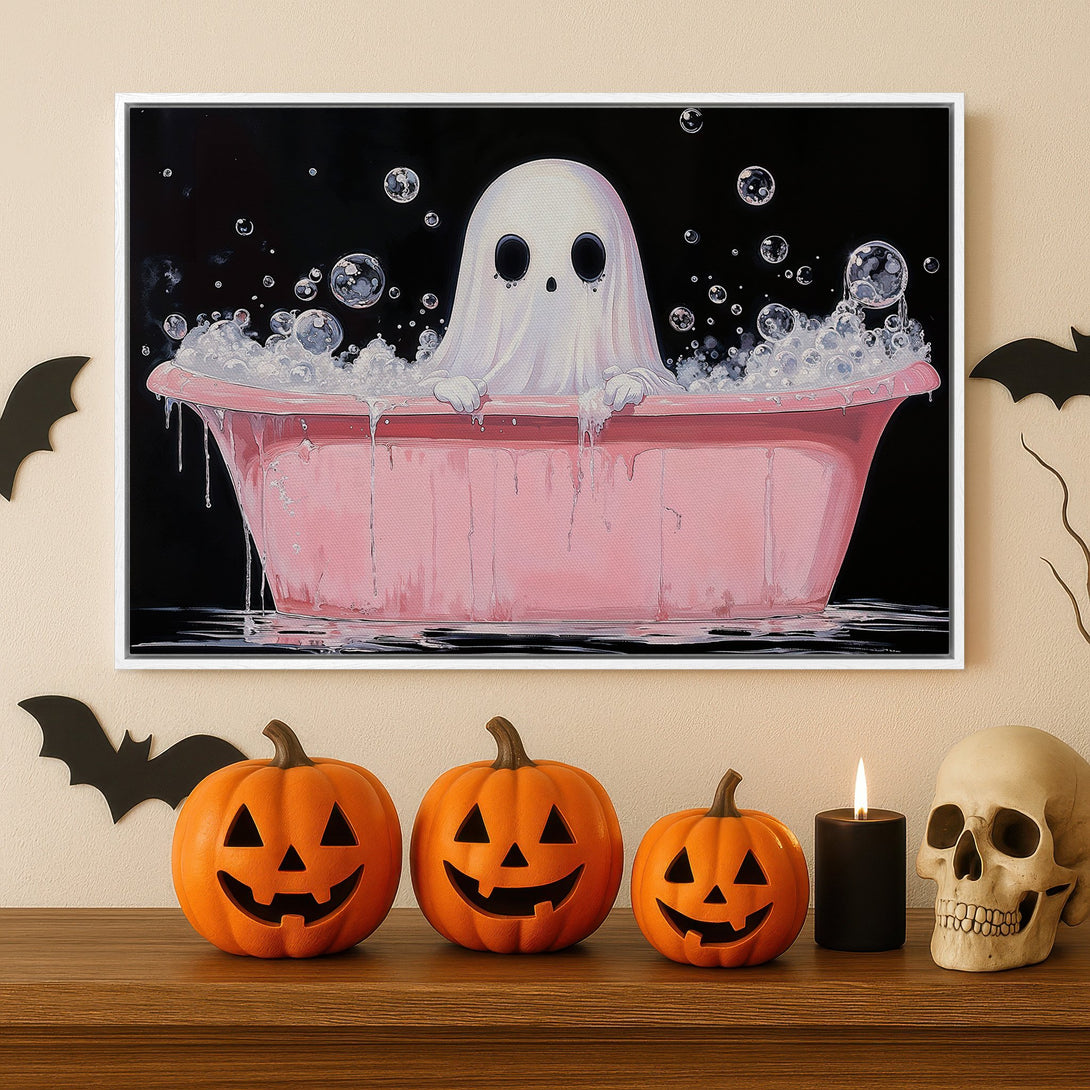 Framed Wall Art: Adorable ghost in a pink bathtub. Whimsical Halloween decor with a black, pink, and white color palette. Spooky and stylish!