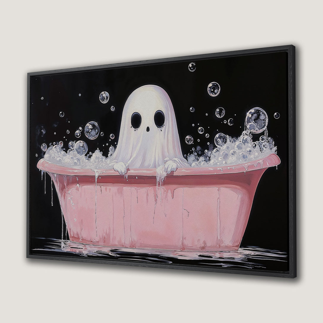 Framed Wall Art: Cute ghost in a pink bathtub, whimsical illustration on black background. Perfect for Halloween decor!