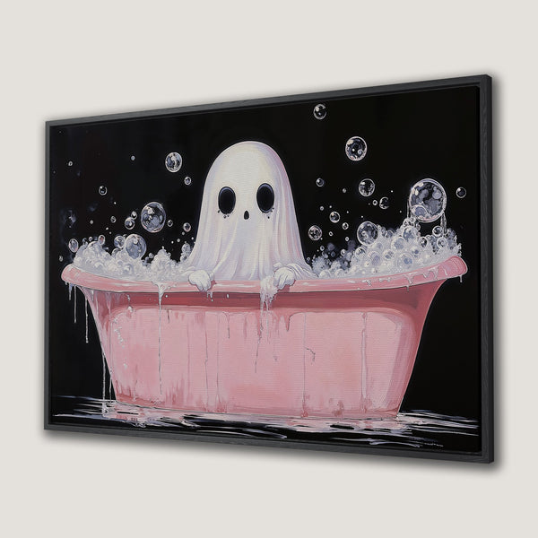 Framed Wall Art: Cute ghost in a pink bathtub, whimsical illustration on black background. Perfect for Halloween decor!