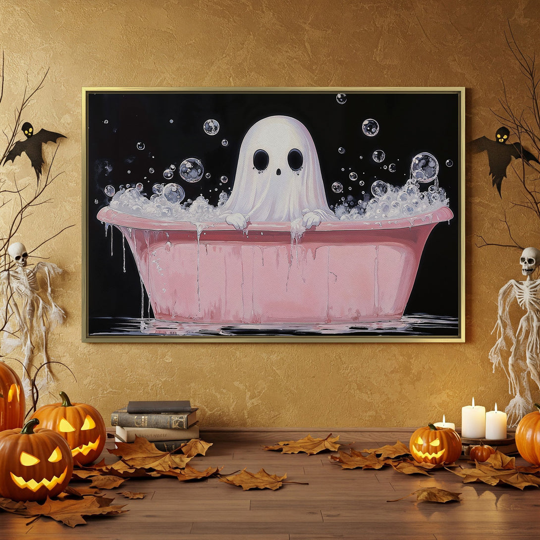 Canvas Print: Cute ghost in a bathtub, perfect for Halloween decor. Black, orange, and pink color palette, adding a spooky yet playful touch to your space.