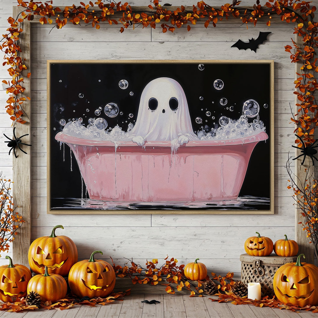 Framed Wall Art: Adorable ghost in a pink bathtub. Whimsical Halloween art with a black, pink, and white color palette. Perfect for spooky season decor!
