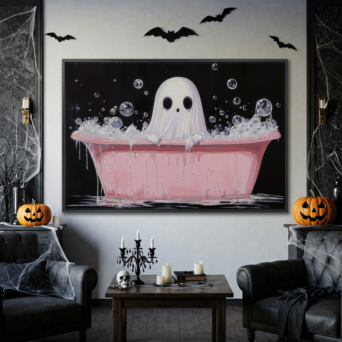 Framed Wall Art: Spooky ghost in a pink bathtub, Halloween-themed art with a black and pink color palette. Perfect for a Halloween home decor.