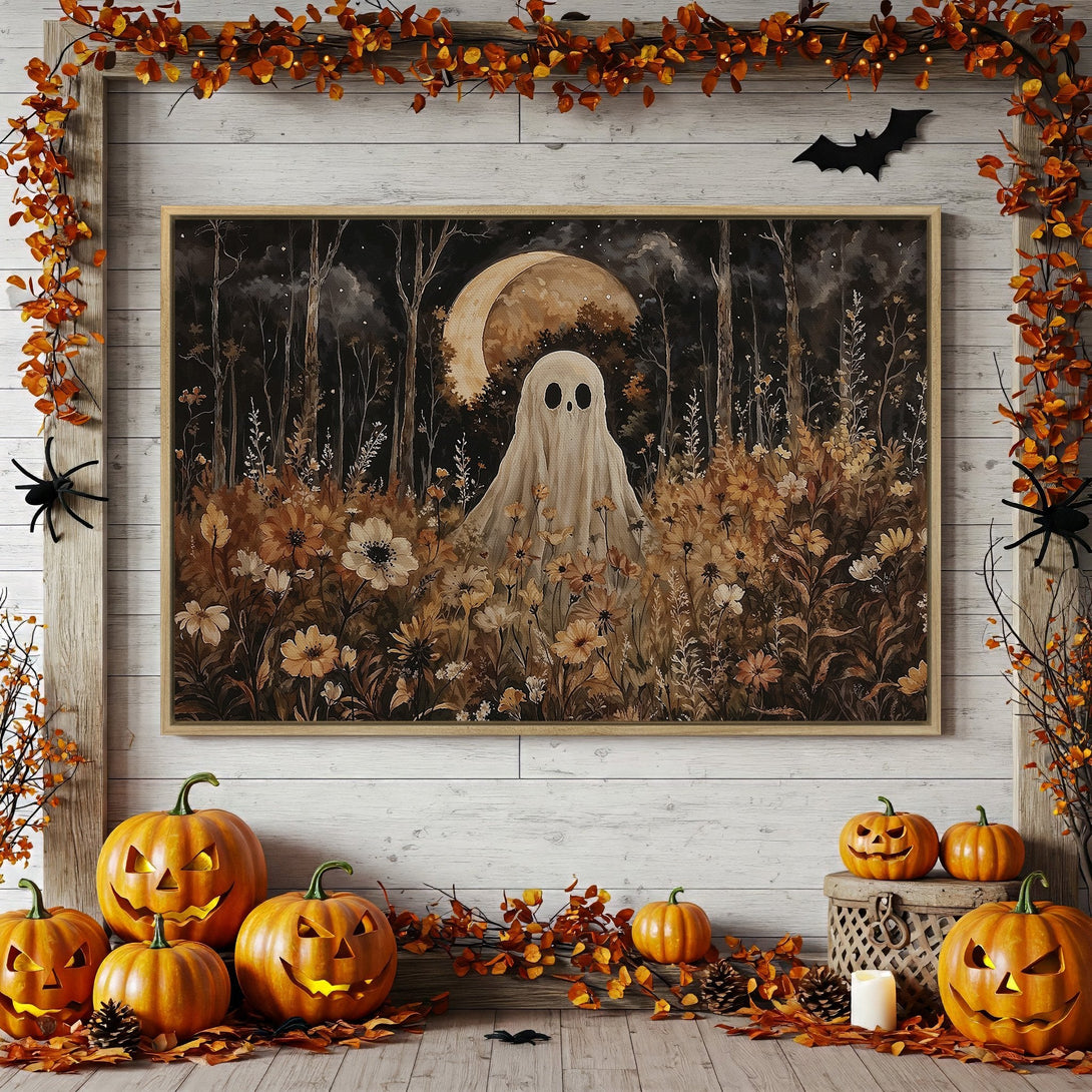 Framed Wall Art: Spooky ghost in a field with a moon, warm autumn colors, perfect for Halloween decor.