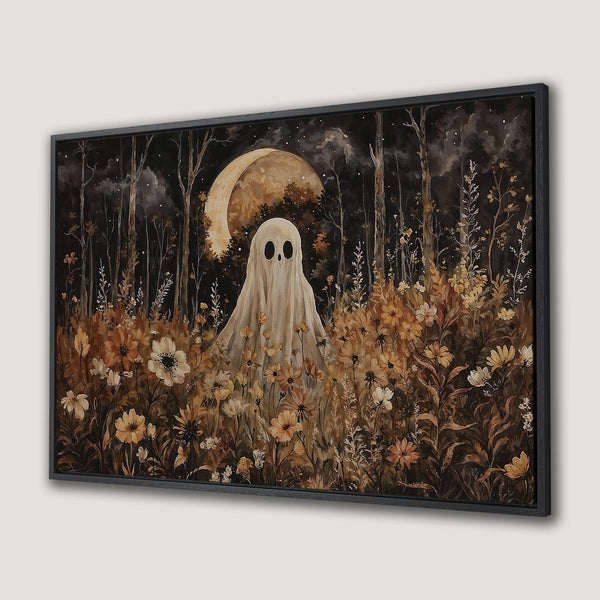 Framed Wall Art: Spooky ghost in a forest scene with a warm, earthy color palette. Perfect for adding a touch of whimsy to your home decor.