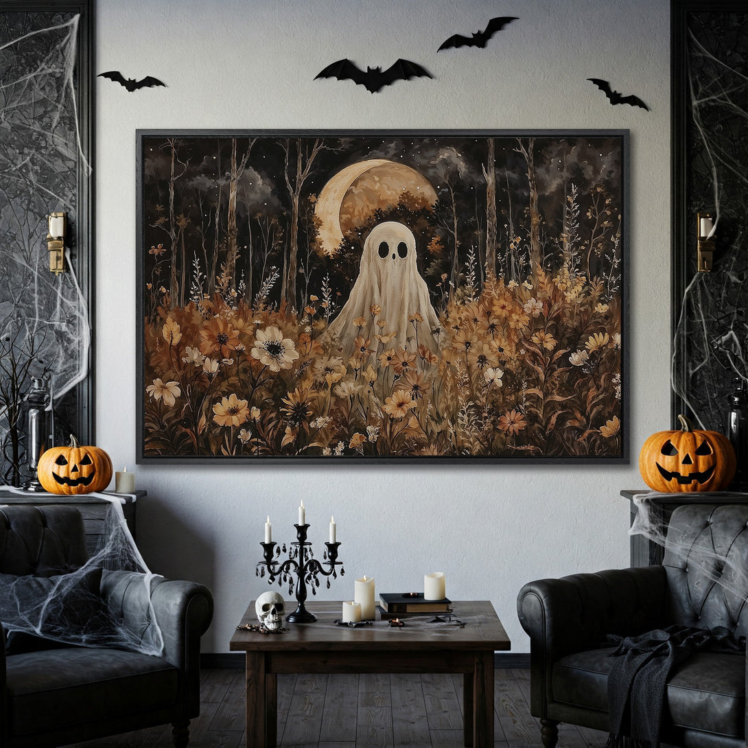 Framed Wall Art: Spooky ghost in a floral field, warm autumnal colors. Perfect Halloween decor.