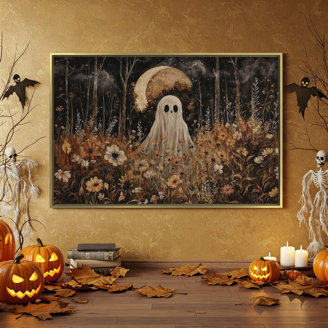 Canvas Print of a spooky ghost in a forest, displayed in a Halloween-themed interior. Features a dark, moody color palette with orange and brown accents.