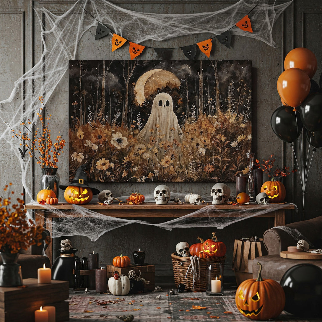 Framed Wall Art: Spooky ghost in a whimsical forest, warm autumnal color palette. Perfect Halloween decor!