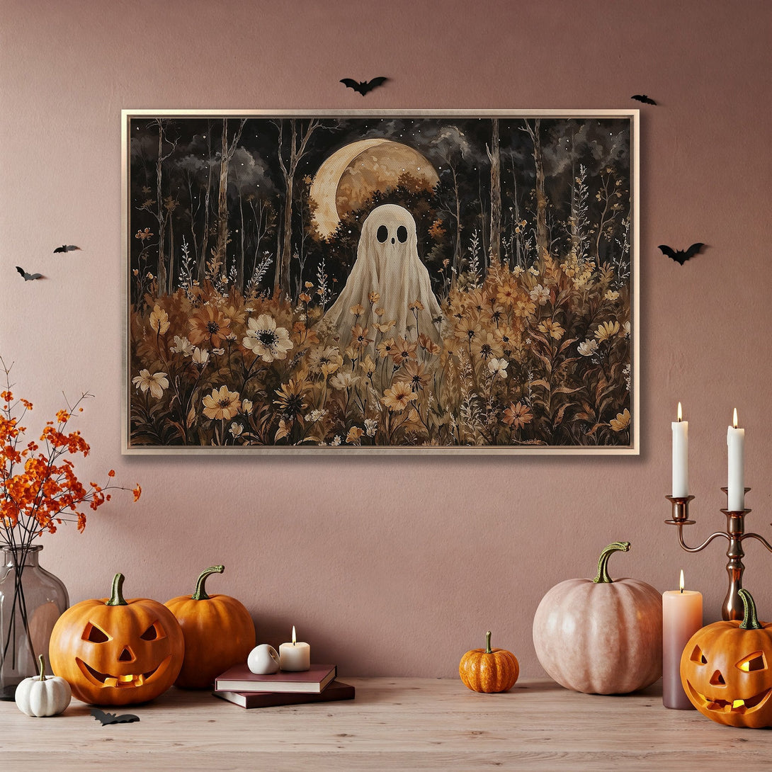 Framed Wall Art: Spooky ghost in a forest with a moon. Vintage style, warm autumnal color palette. Perfect Halloween decor!