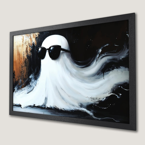 Framed Poster featuring a cool ghost in sunglasses, abstract style, black, white, and gold color palette. Perfect wall art!
