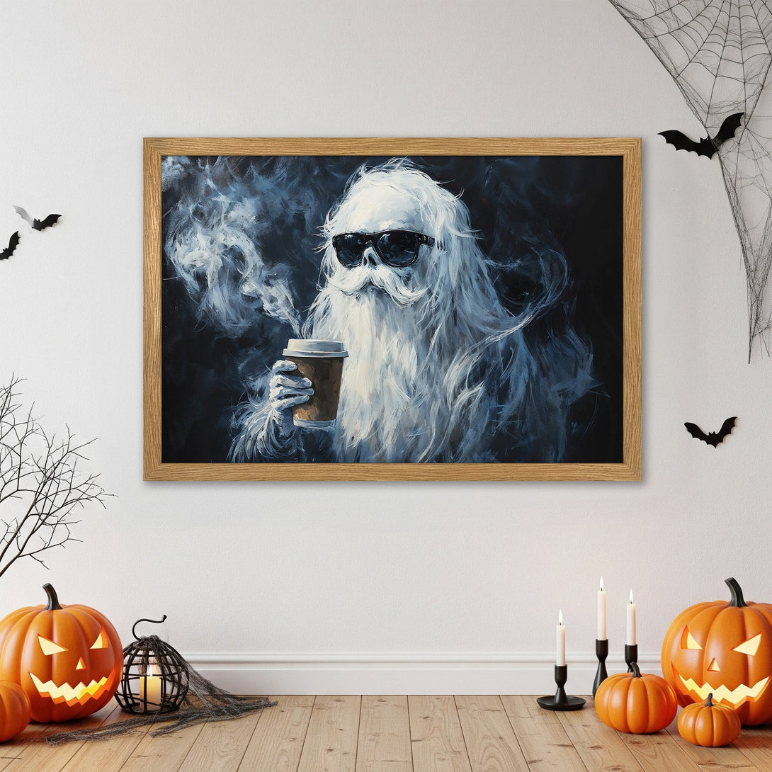 Framed Poster featuring a cool ghost with coffee, painted in a moody, blue and white palette. Perfect Halloween decor!