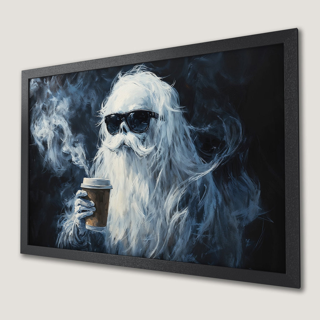Framed Poster featuring a cool white-haired character in sunglasses, enjoying coffee with a dark blue and white color palette. Perfect wall art!