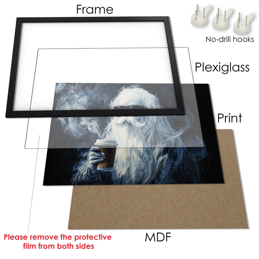 Framed Poster featuring a Santa-like figure with coffee, in a cool blue & black palette. Perfect wall art!