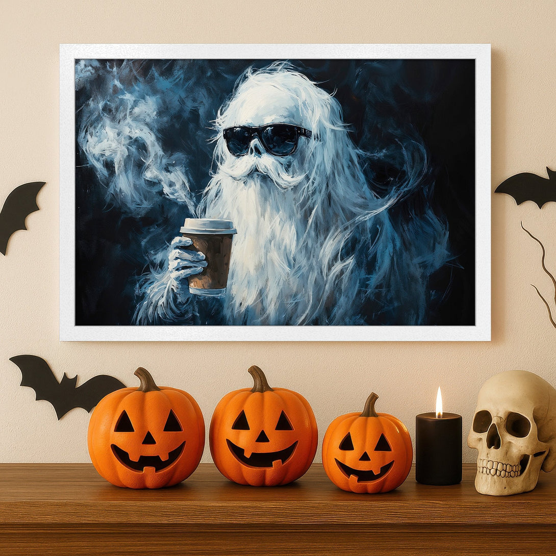Framed Poster of a cool ghost drinking coffee, abstract art style, blue & white color palette. Perfect Halloween decor!