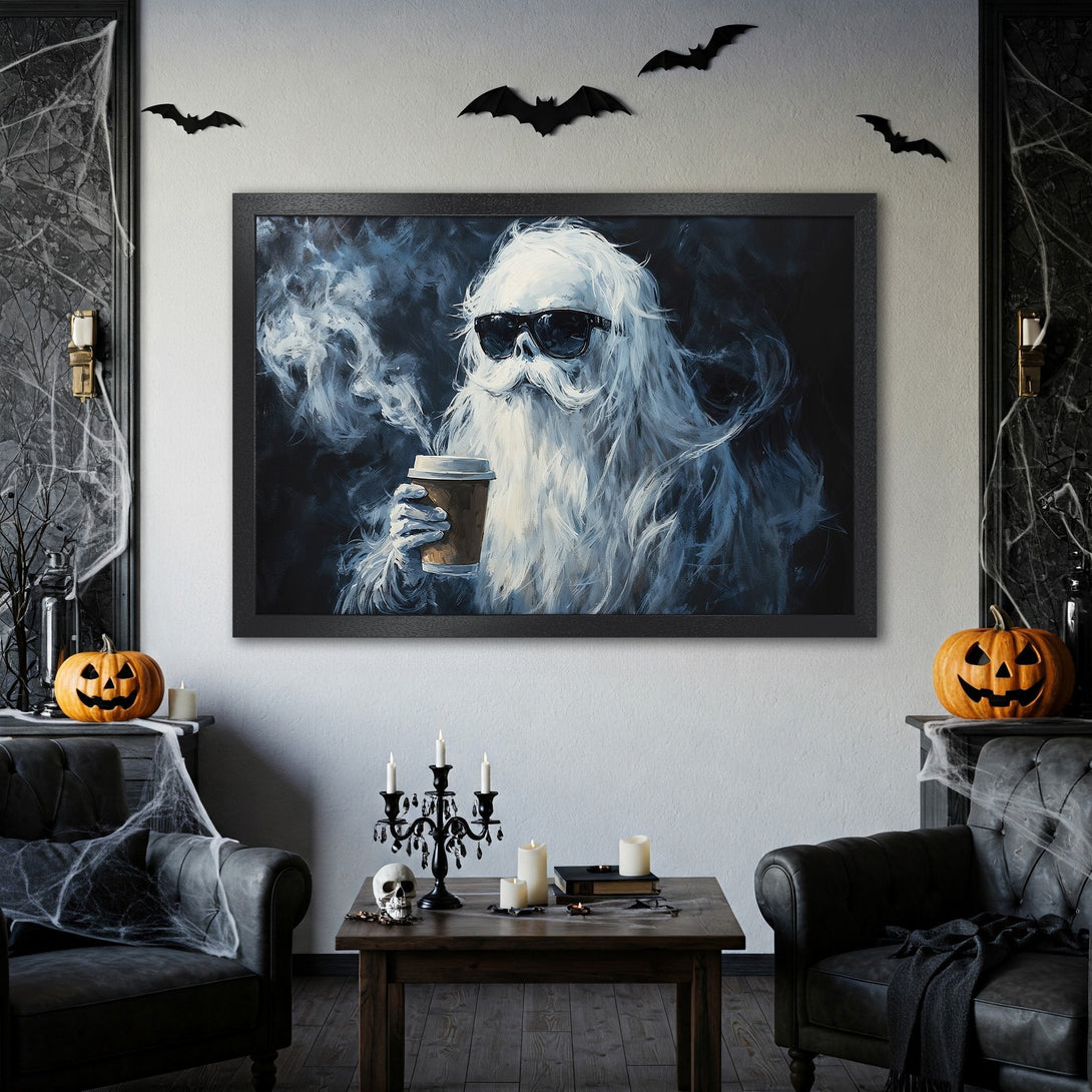 Framed Poster featuring a spooky Santa with coffee, painted in a dark blue and white palette. Perfect Halloween decor!