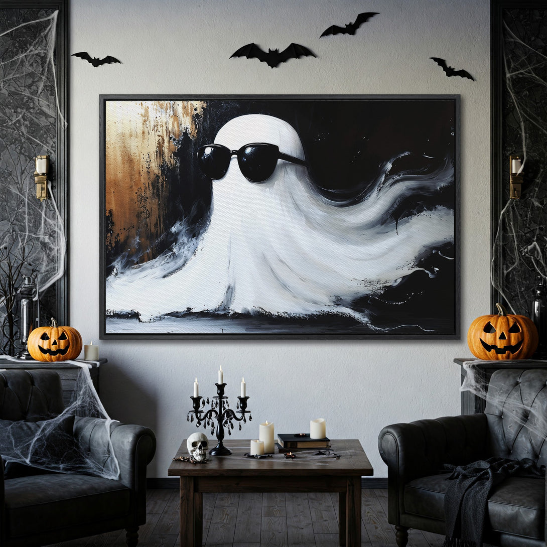 Framed Wall Art: Cool ghost art in black & white, perfect for Halloween decor. Abstract style with a modern, spooky vibe. Shop now for unique wall art!