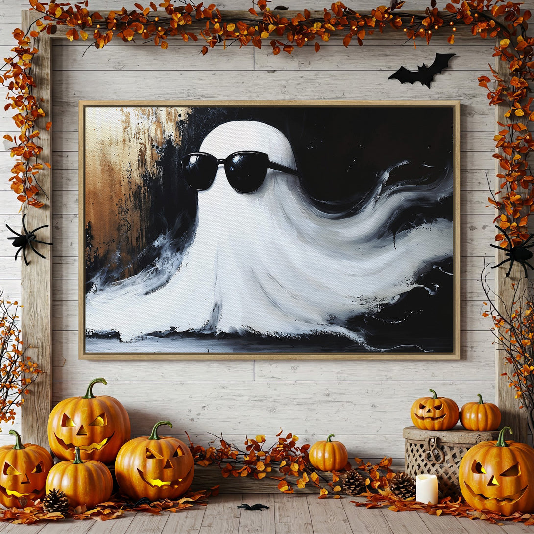 Framed Wall Art: Cool ghost in sunglasses, modern abstract style, black, white, and gold color palette. Perfect Halloween decor!