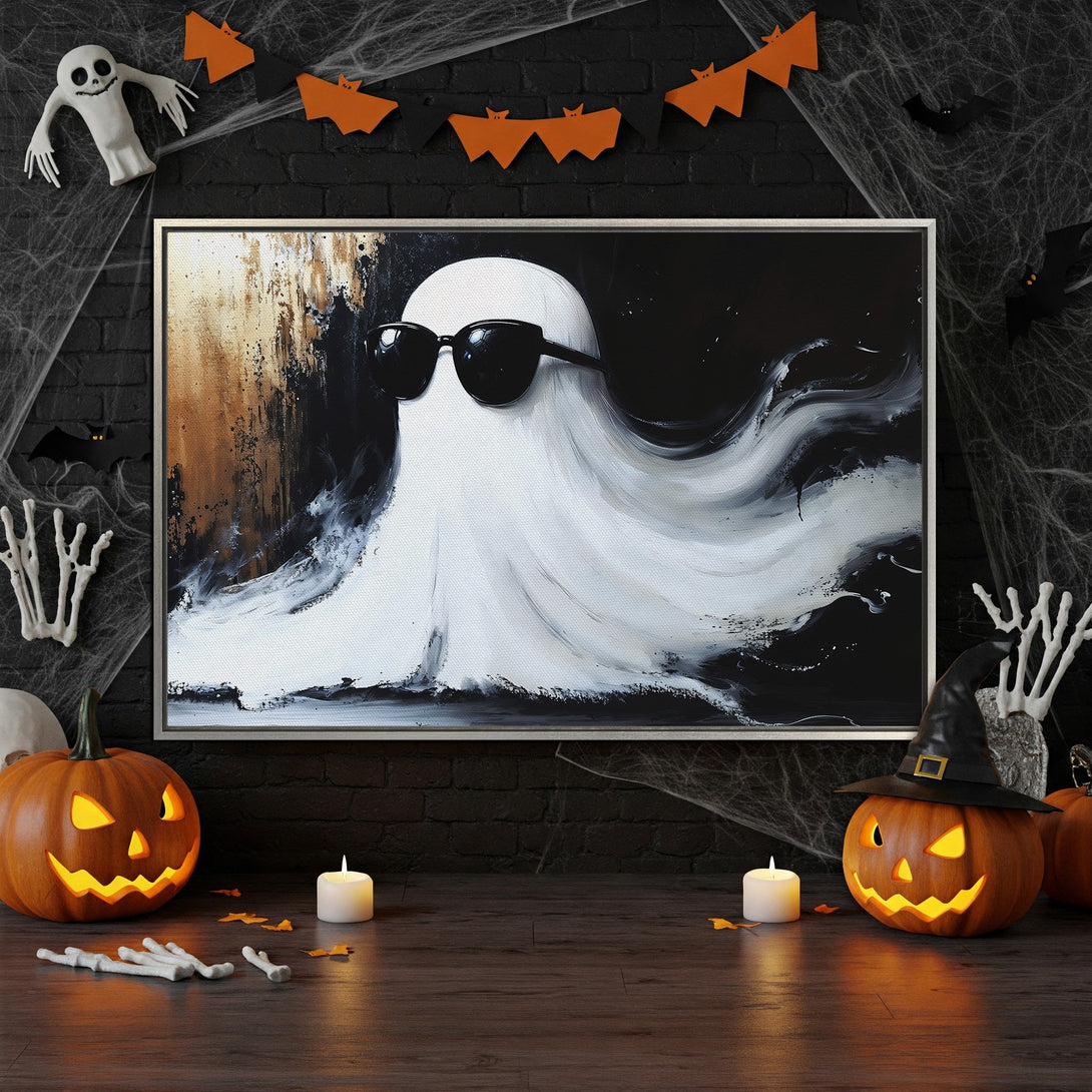 Framed Wall Art: Cool ghost art in black, white, and gold. Modern abstract style. Perfect Halloween decor!