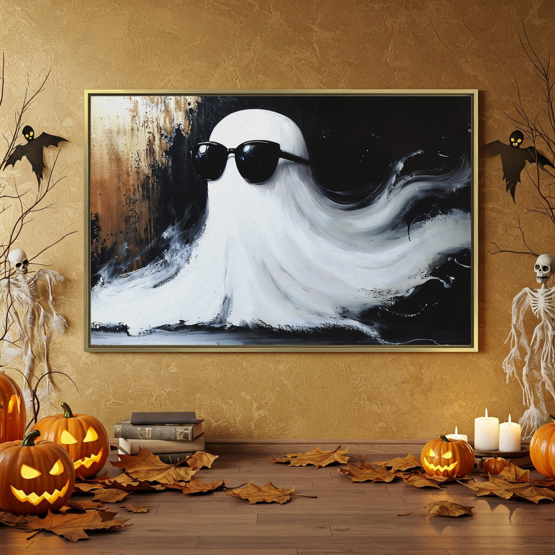 Canvas Print of a cool ghost in sunglasses. Halloween decor with black, white, and orange color palette. Spooky wall art for your home.