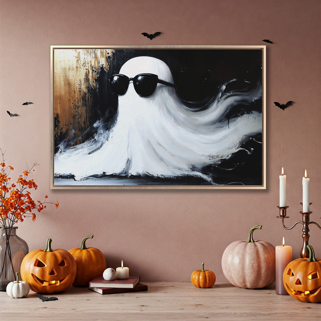 Framed Wall Art: Cool ghost in sunglasses, abstract black & white painting, Halloween decor, perfect for modern home.