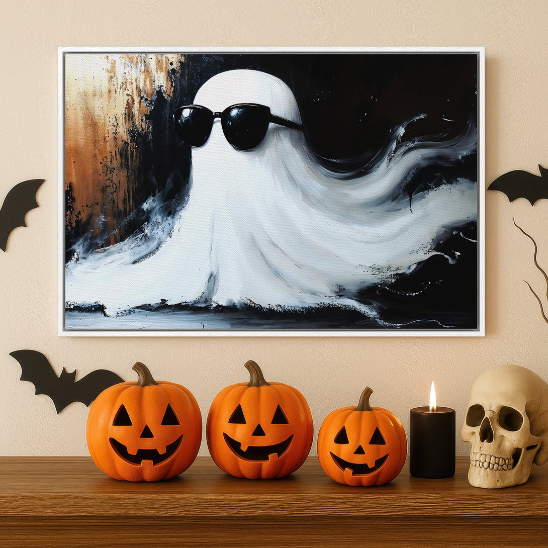 Framed Wall Art: Cool ghost in sunglasses abstract painting. Black, white, and brown color palette. Perfect Halloween decor for a modern home.