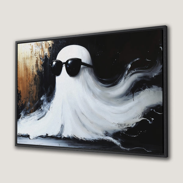 Framed Wall Art: Cool ghost wearing sunglasses. Modern abstract art in black, white, and gold color palette. Perfect Halloween decor!
