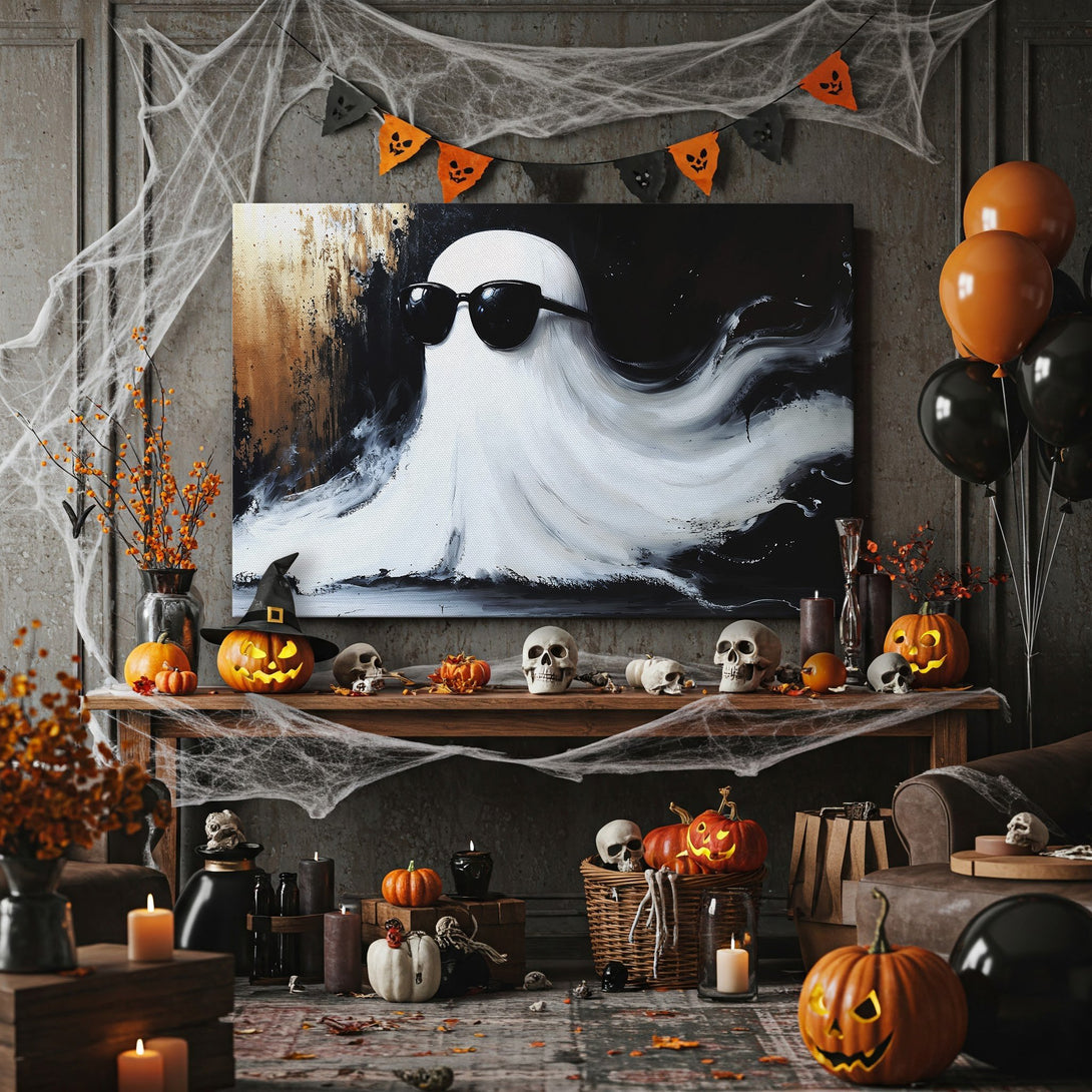 Framed Wall Art: Cool ghost in sunglasses, abstract black & white art on canvas. Halloween decor, modern style, gold frame, perfect for spooky season!