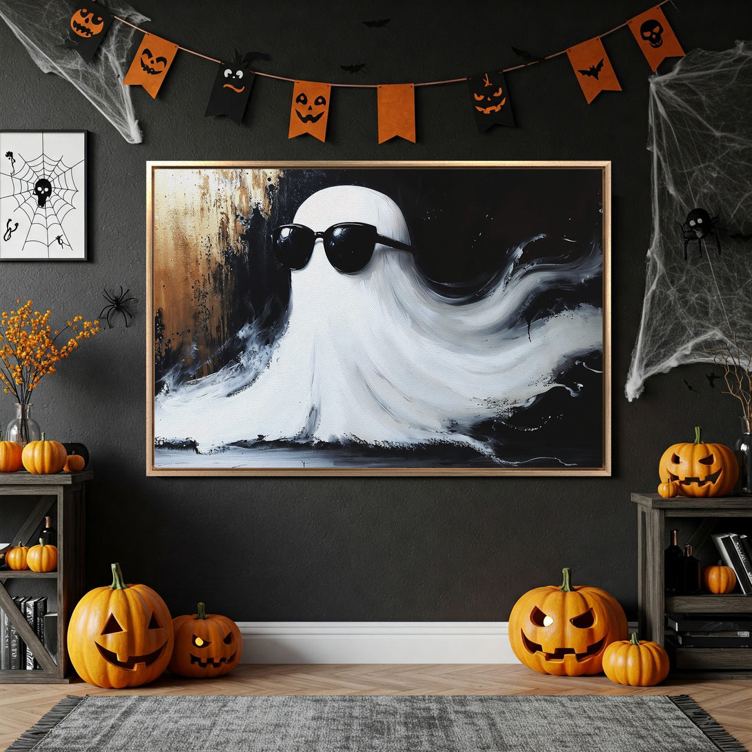 Framed Wall Art: Cool ghost wearing sunglasses, abstract style, black & white with gold frame. Perfect Halloween decor!