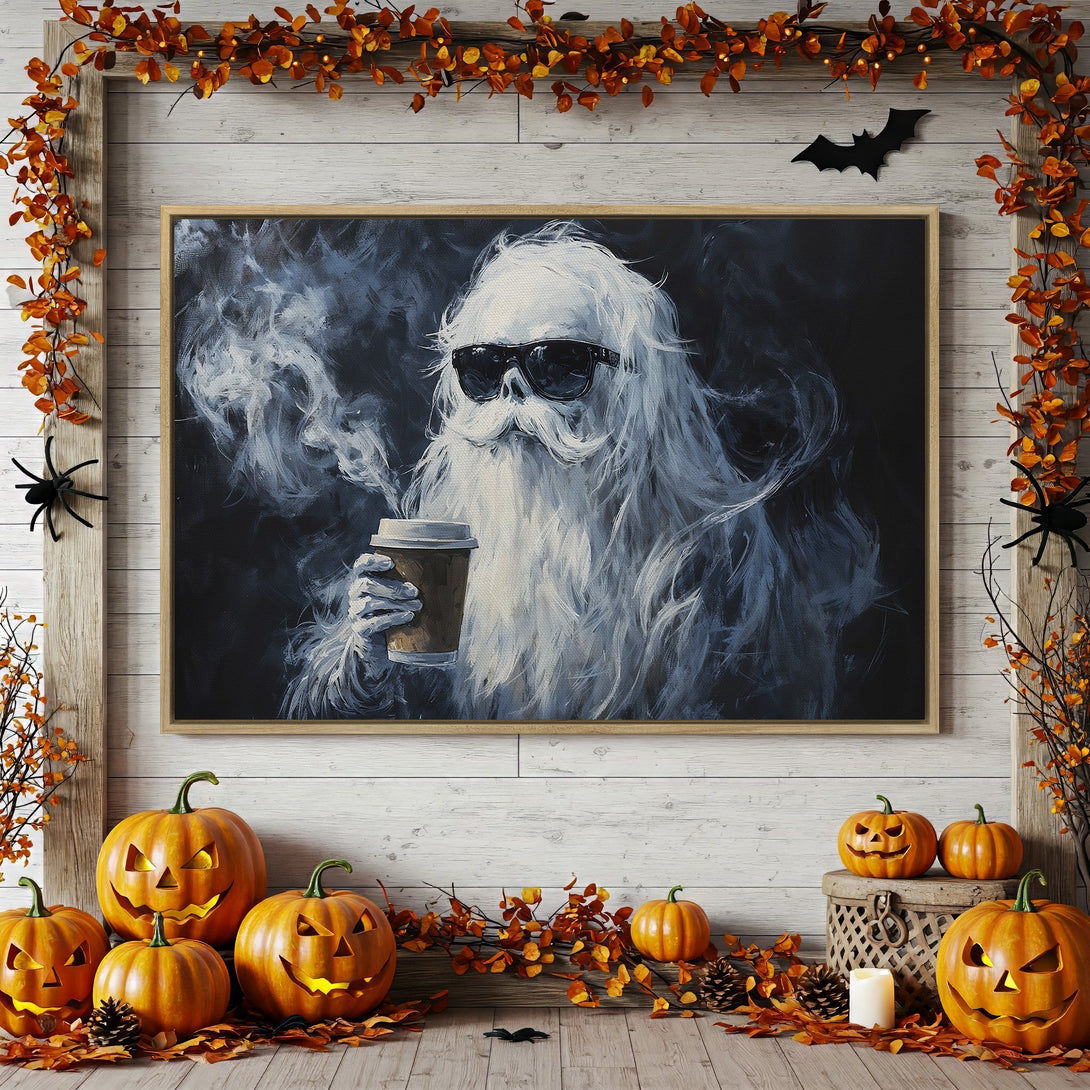 Framed Wall Art: Spooky Santa with coffee, black & white painting. Halloween decor with pumpkins & fall leaves. Add a touch of art to your home!