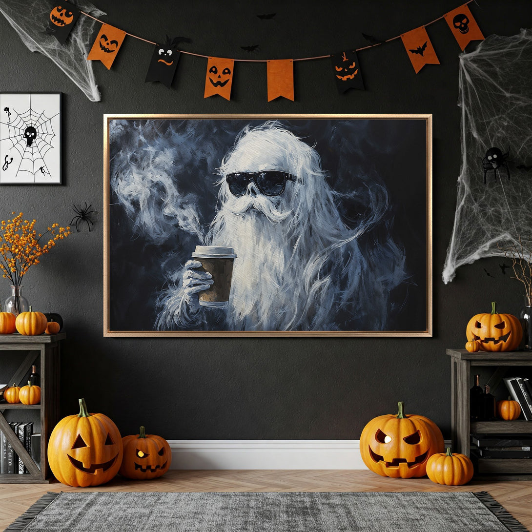 Framed Wall Art: Cool Santa with coffee, Halloween decor, black & white art, modern style, dark color palette, perfect for seasonal home accents.