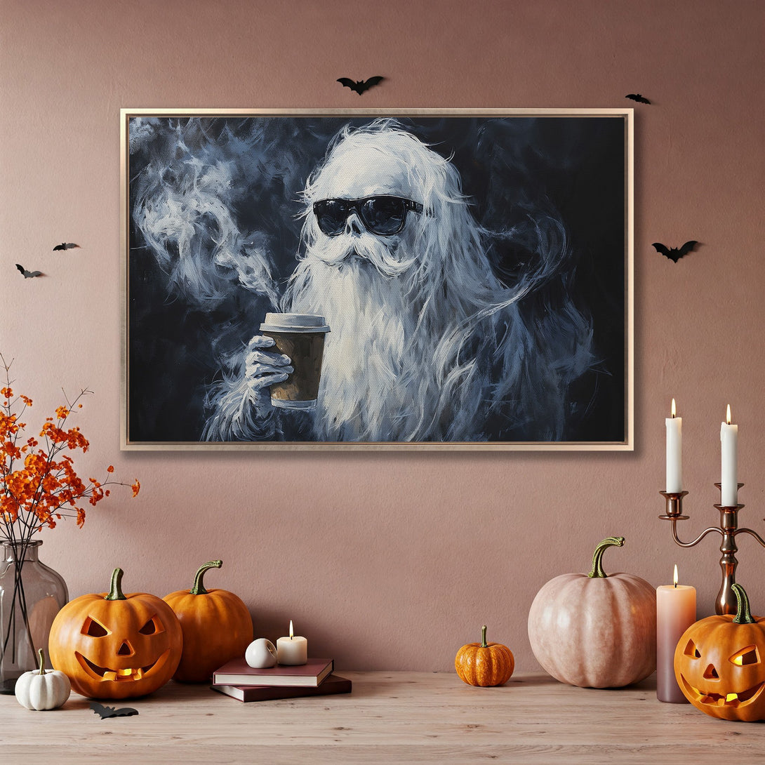 Framed Wall Art: Spooky ghost with coffee, modern art style, black & white with gold frame, perfect for Halloween decor.