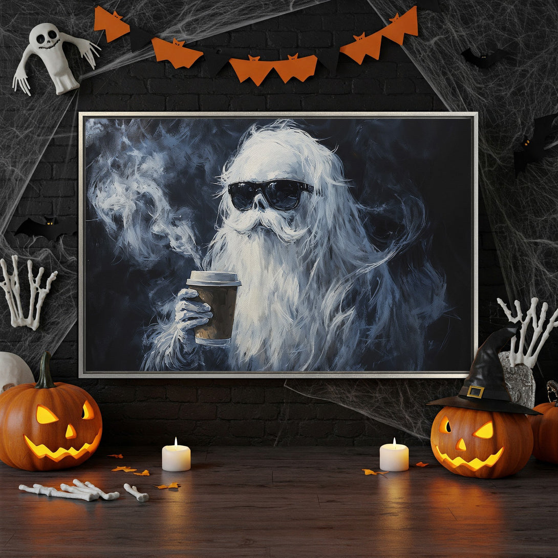 Framed Wall Art: Spooky Santa with coffee, a cool Halloween art print. Black, white, and orange color palette. Perfect for Halloween decor!