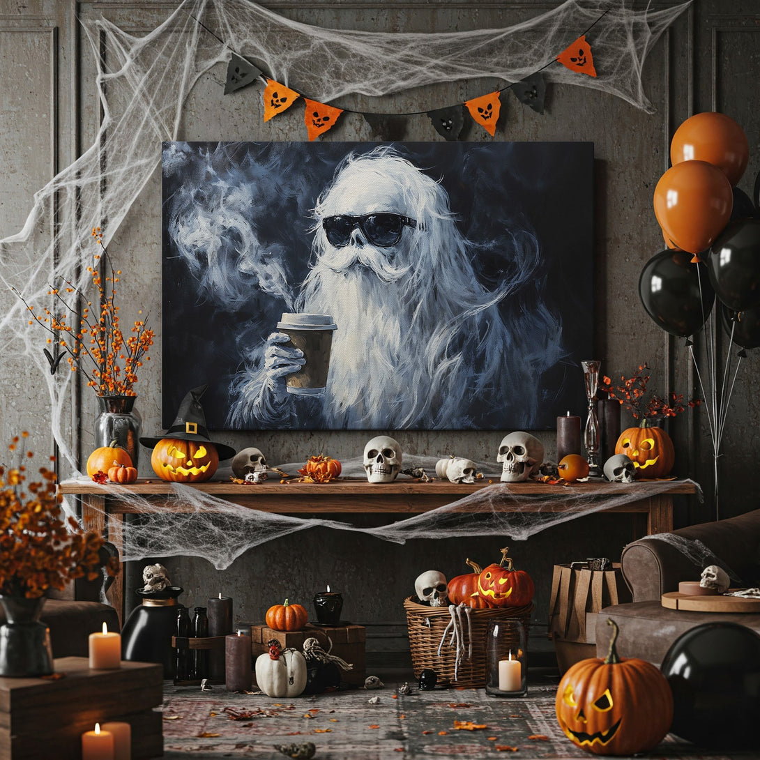 Framed Wall Art: Spooky ghost with coffee, cool sunglasses. Halloween-themed art in black, white, and gold. Perfect for adding a touch of fun to your decor!