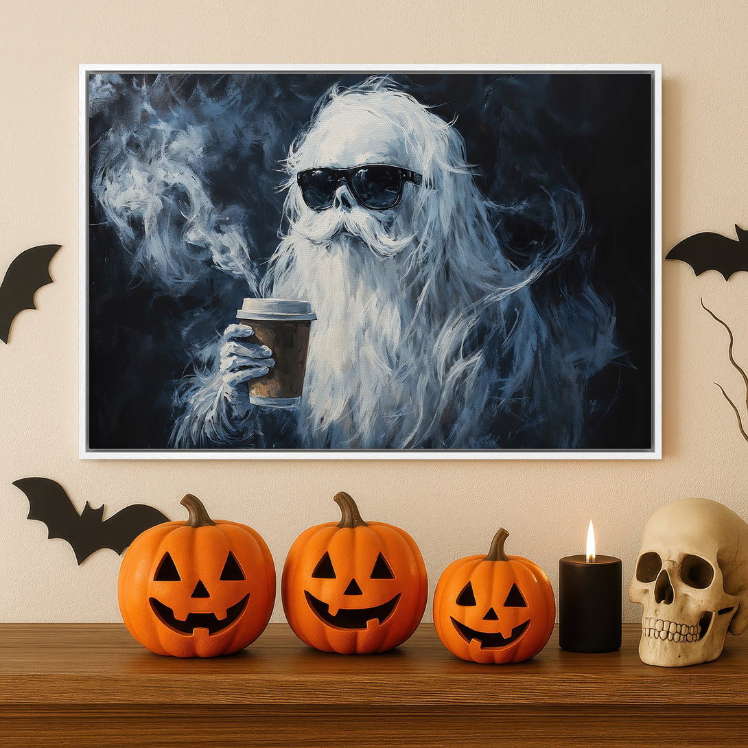Framed Wall Art: Cool ghost enjoying coffee, Halloween-themed painting with blue and white brushstrokes. Perfect for spooky decor!