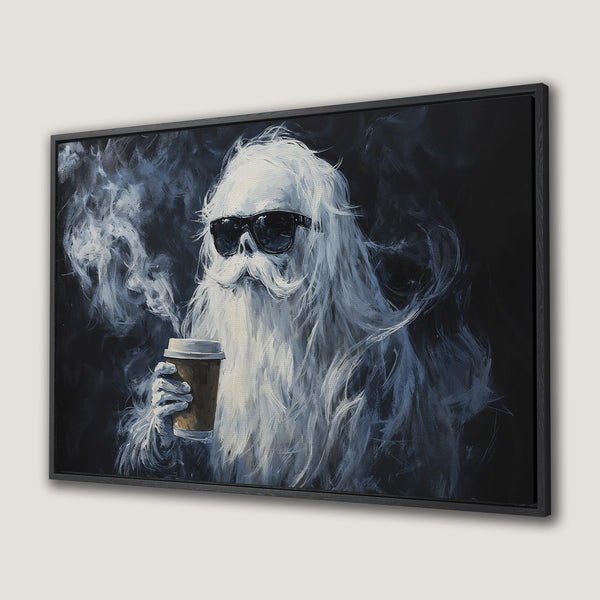 Framed Wall Art: Cool Santa with coffee. Modern, abstract style in black, white, and brown tones. Perfect for a unique home decor statement.