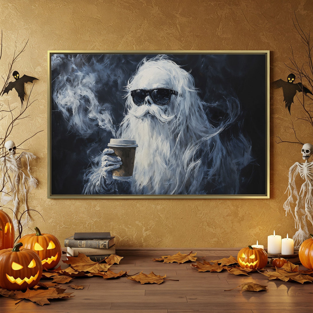 Canvas Print: Spooky Halloween art featuring a cool ghost enjoying coffee. Black, white & orange color palette, perfect for seasonal decor.