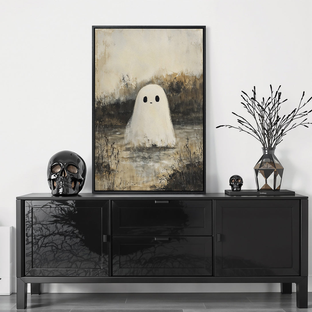 Framed Wall Art: Whimsical ghost painting in neutral tones. Modern, minimalist style, perfect for Halloween decor. Shop our canvas print collection today!