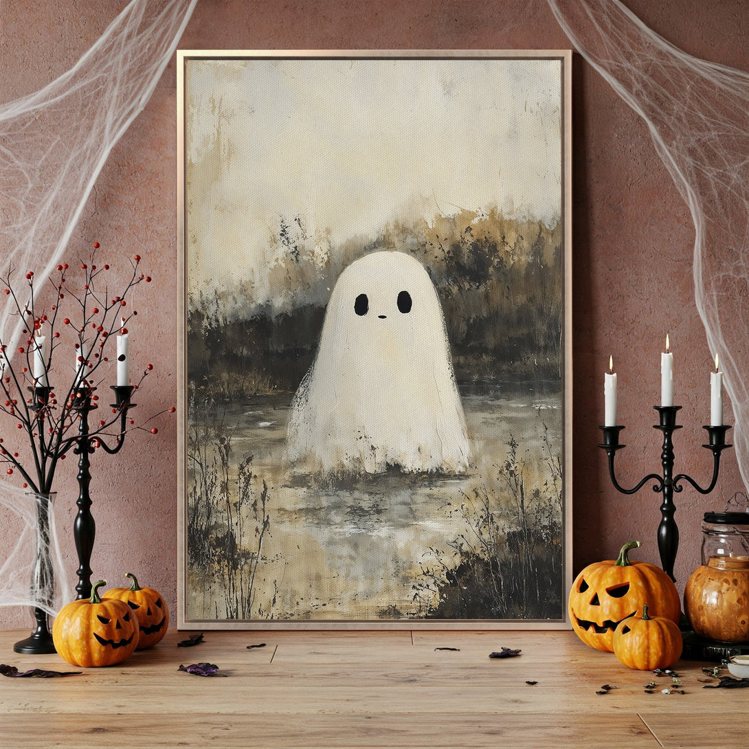 Framed Wall Art featuring a whimsical ghost in a muted, earthy color palette. Perfect Halloween decor! Add a touch of spooky charm to your home.