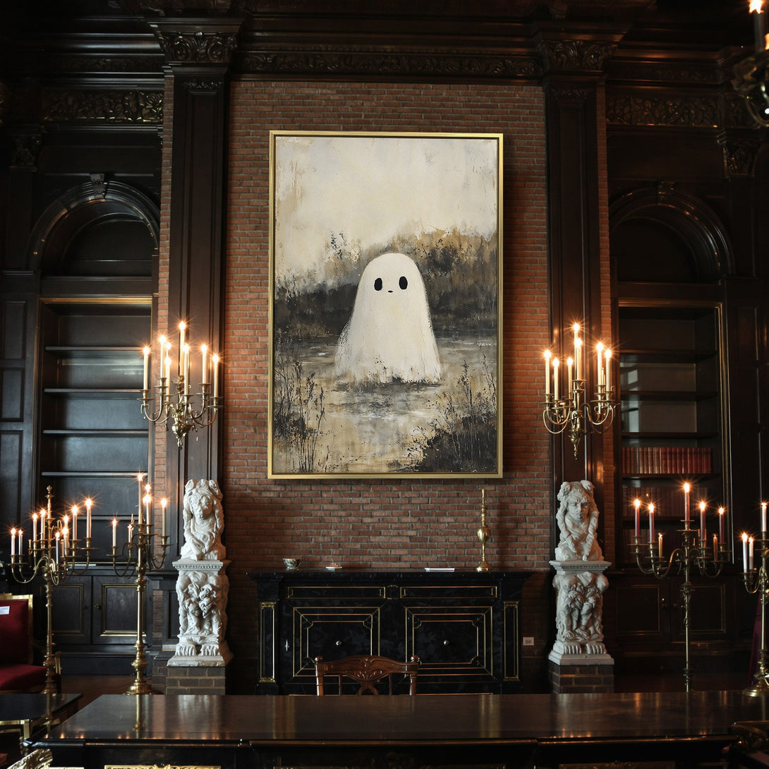 Spooky Canvas Print featuring a cute ghost in a swamp, with a neutral color palette. Perfect Halloween decor!