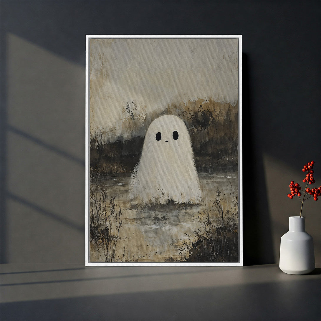 Framed Wall Art: Whimsical ghost painting in neutral tones. Add a touch of spooky charm to your home decor with this unique canvas print.