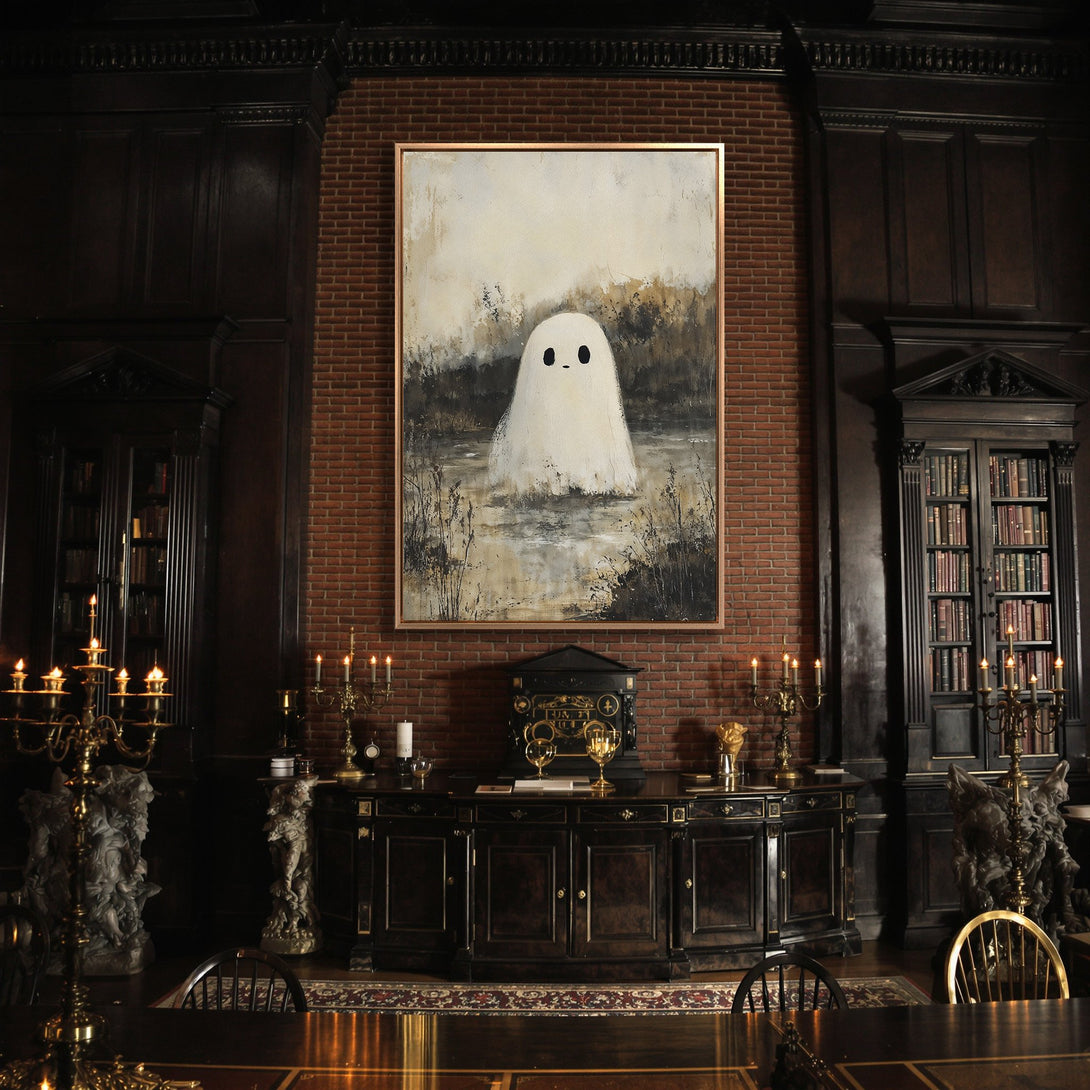 Framed Wall Art: Whimsical ghost painting in a moody interior. Neutral color palette with a touch of whimsy. Perfect for adding character to your home.