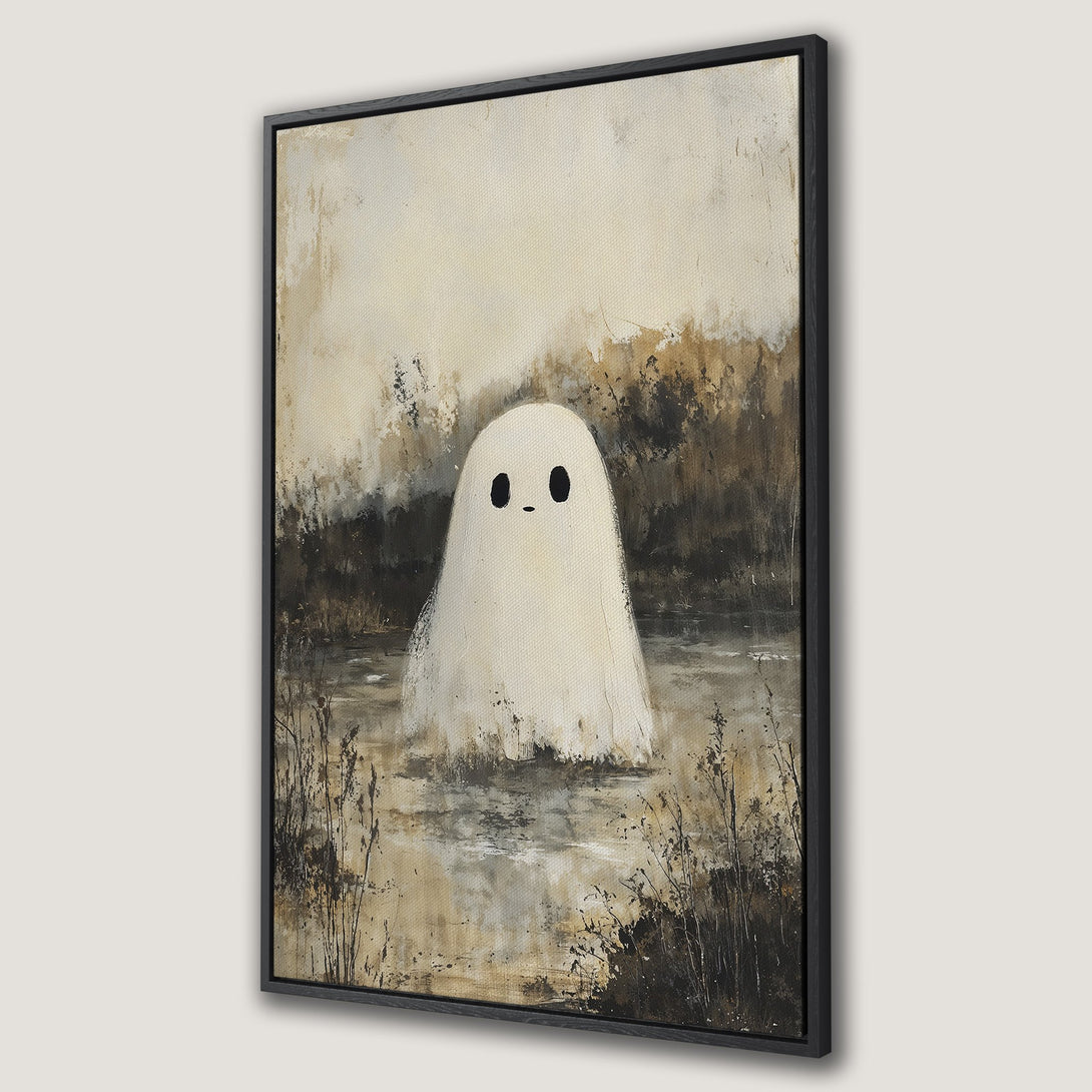 Framed Wall Art featuring a whimsical ghost in a swamp, painted in a muted, earthy color palette. Perfect for adding a touch of spooky art to your home!