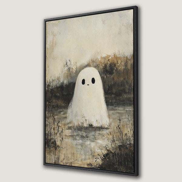Framed Wall Art featuring a whimsical ghost in a swamp, painted in a muted, earthy color palette. Perfect for adding a touch of spooky art to your home!
