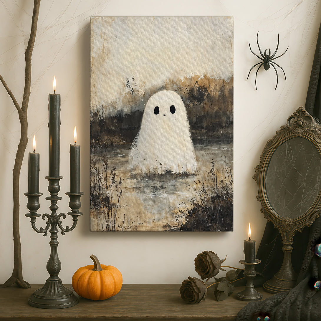 Framed Wall Art featuring a whimsical ghost painting in a moody, neutral color palette. Adds a touch of spooky elegance to any interior.