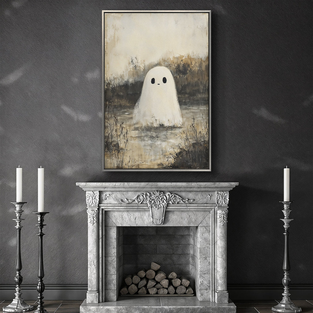 Framed Wall Art featuring a whimsical ghost in a neutral, earthy palette. Perfect for adding a touch of spooky charm to your home decor.