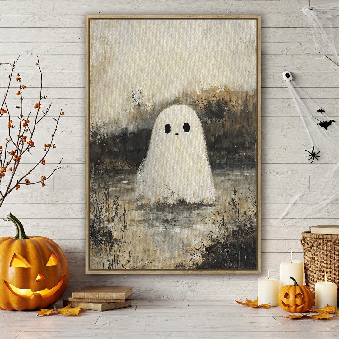 Framed Wall Art featuring a whimsical ghost in a muted, earthy color palette. Perfect Halloween decor for a cozy, spooky vibe. Shop now!
