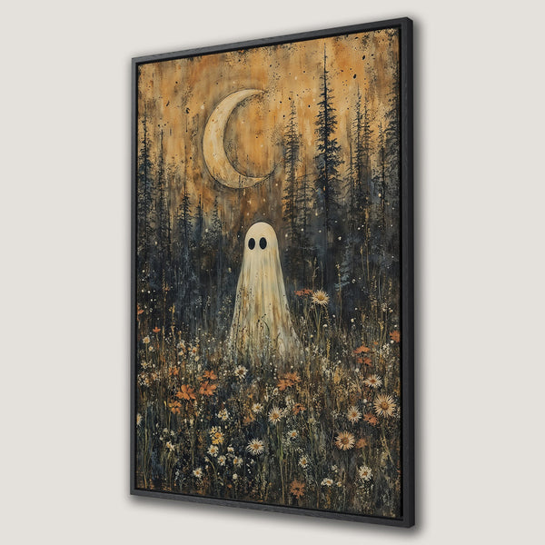 Framed Wall Art: Spooky ghost in a moonlit forest with a warm, earthy color palette. Perfect for adding a touch of whimsy to your home decor.
