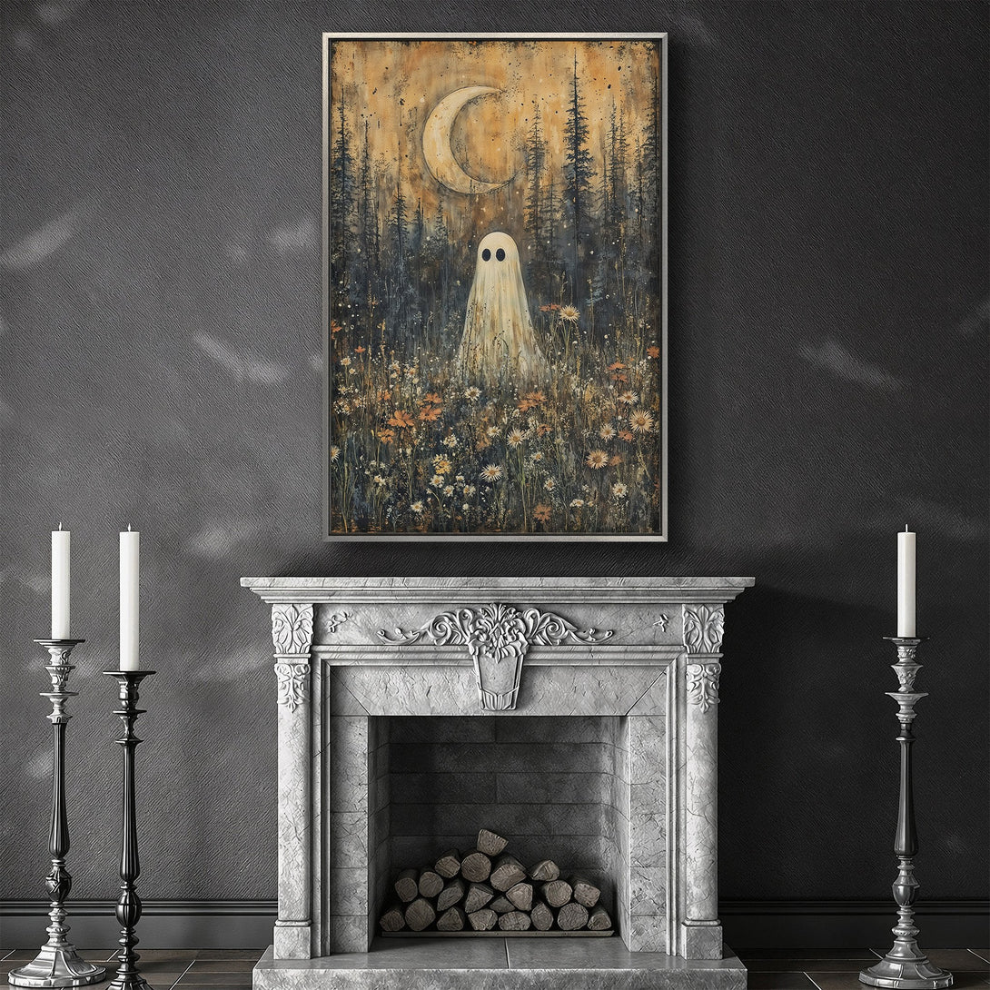 Framed Wall Art featuring a whimsical ghost in a forest with a crescent moon, warm color palette, perfect for Halloween decor.
