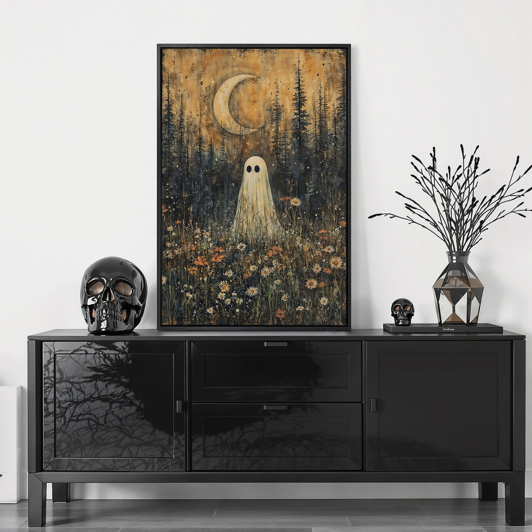 Framed Wall Art featuring a whimsical ghost in a forest scene with a warm, autumnal color palette. Perfect for adding a touch of spooky style to your home.