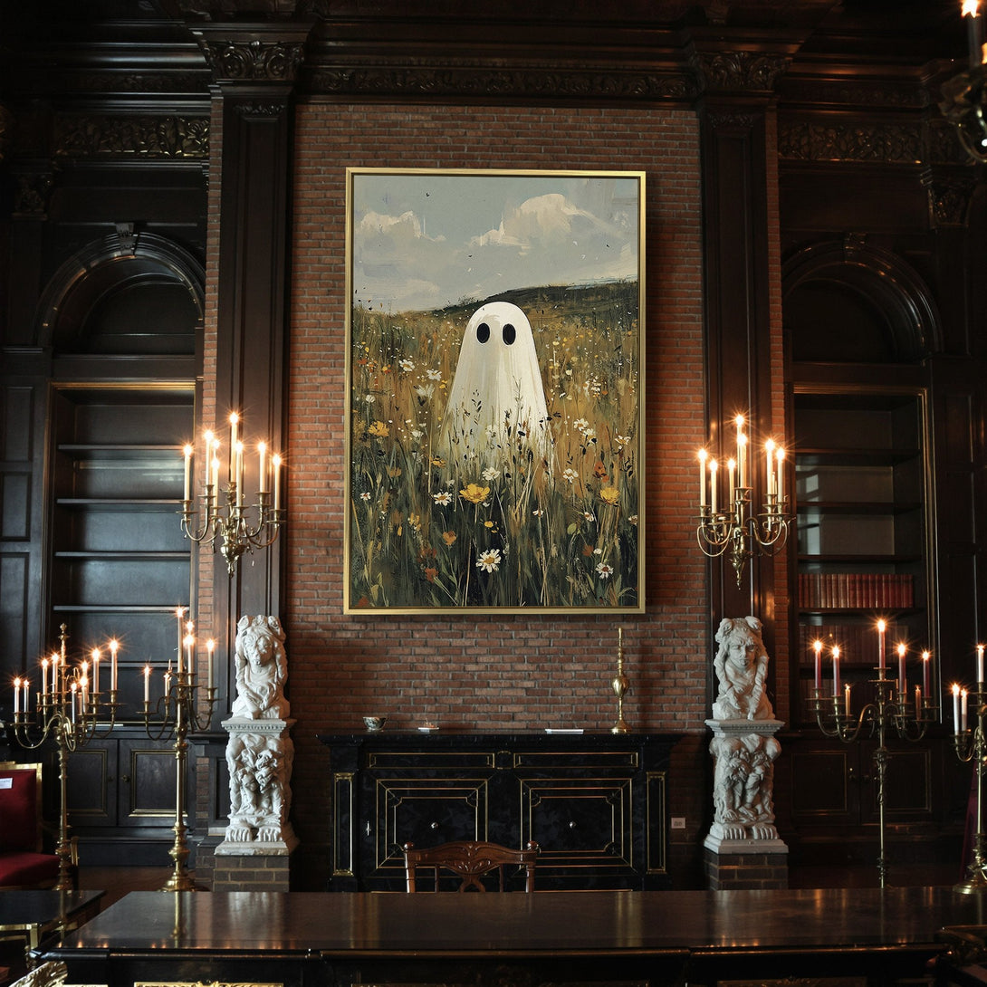 Canvas Print: Whimsical ghost in a field, impressionistic style, earthy tones with pops of yellow. Perfect Halloween decor!