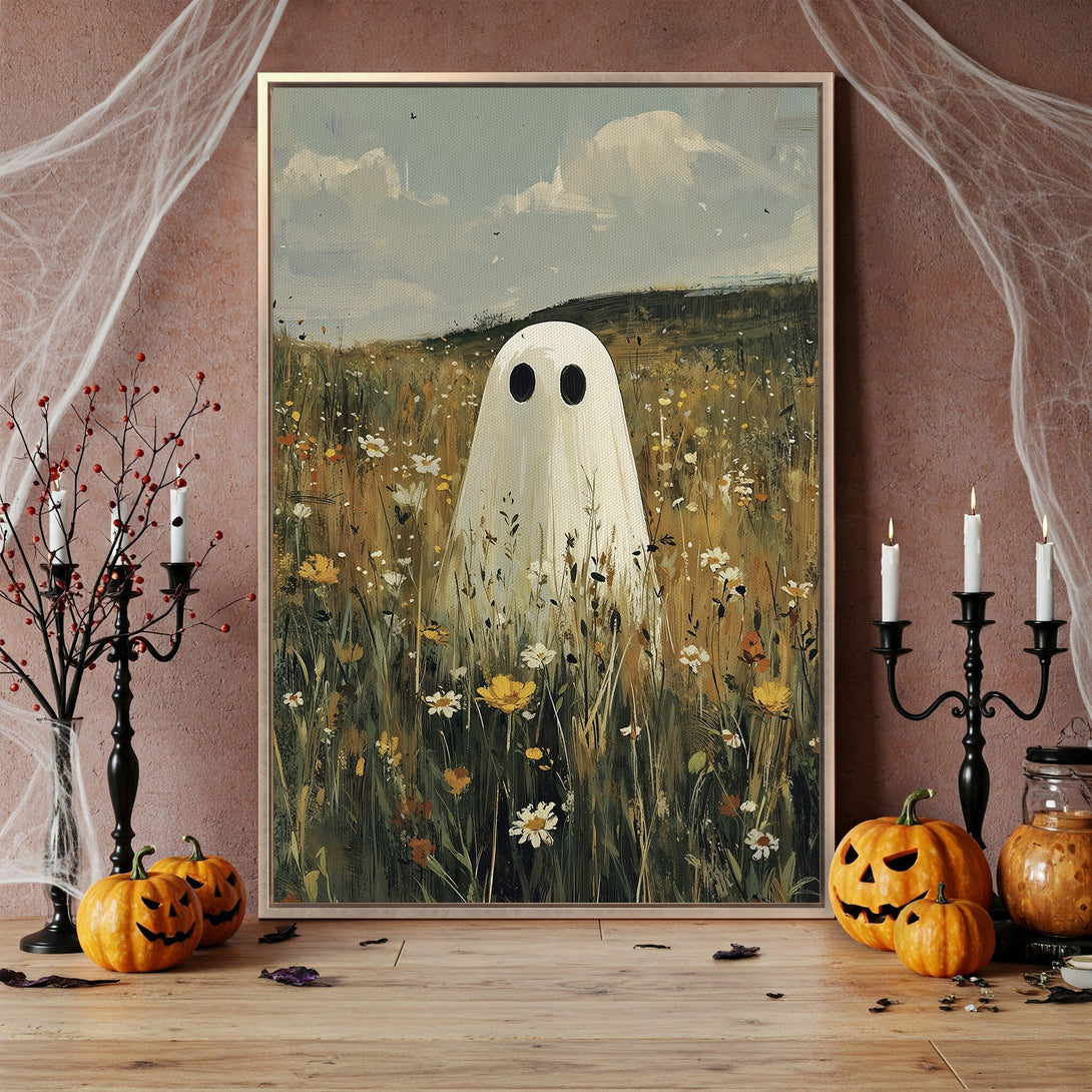 Framed Wall Art: Spooky ghost in a field art print. Vintage style with a muted green and yellow color palette, perfect for Halloween decor.